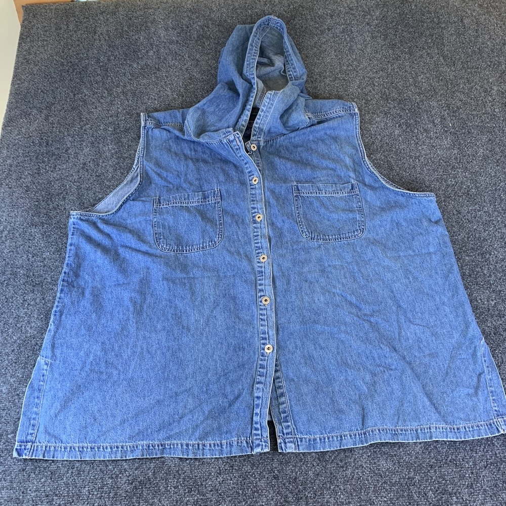 Venezia Jeans Hooded Shirt Women 26/28 Blue Denim Cotton Button Front Sleeveless